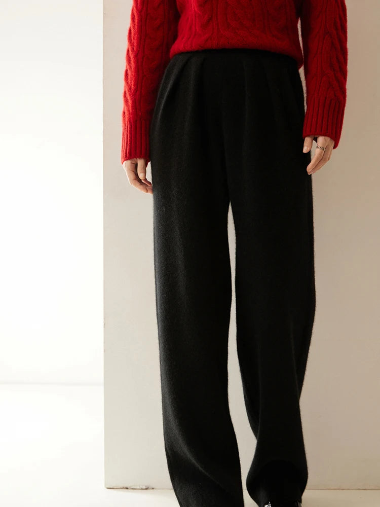 High Quality Women 100% Cashmere Pants Pleated Waist Wide Leg Pant Casual Simple Style Autumn Winter Cashmere Knit Trousers