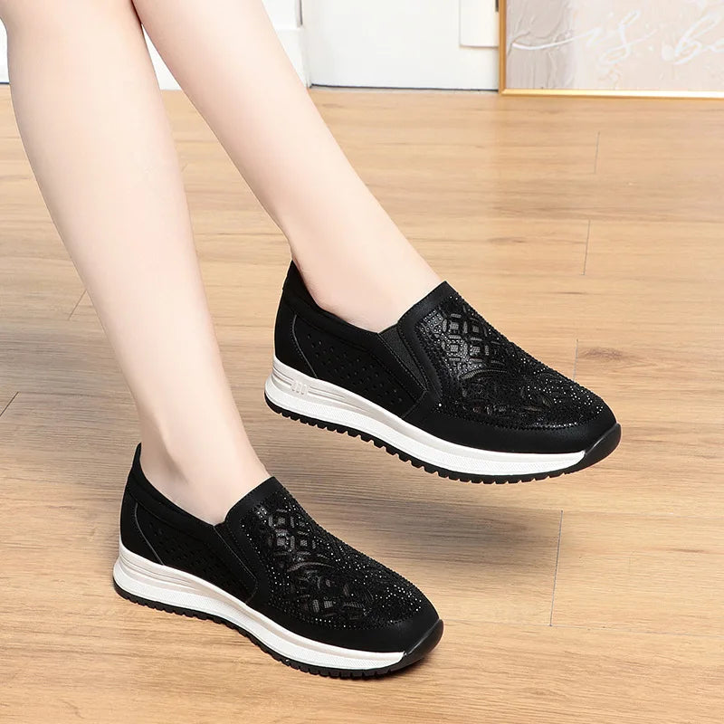Manufacturer   Spring Autumn Soft Leather Soft Sole Comfortable Low Heel Shoes Round Toe Breathable Casual Slip-on Hollow Mother Sneaker    Sneakers
