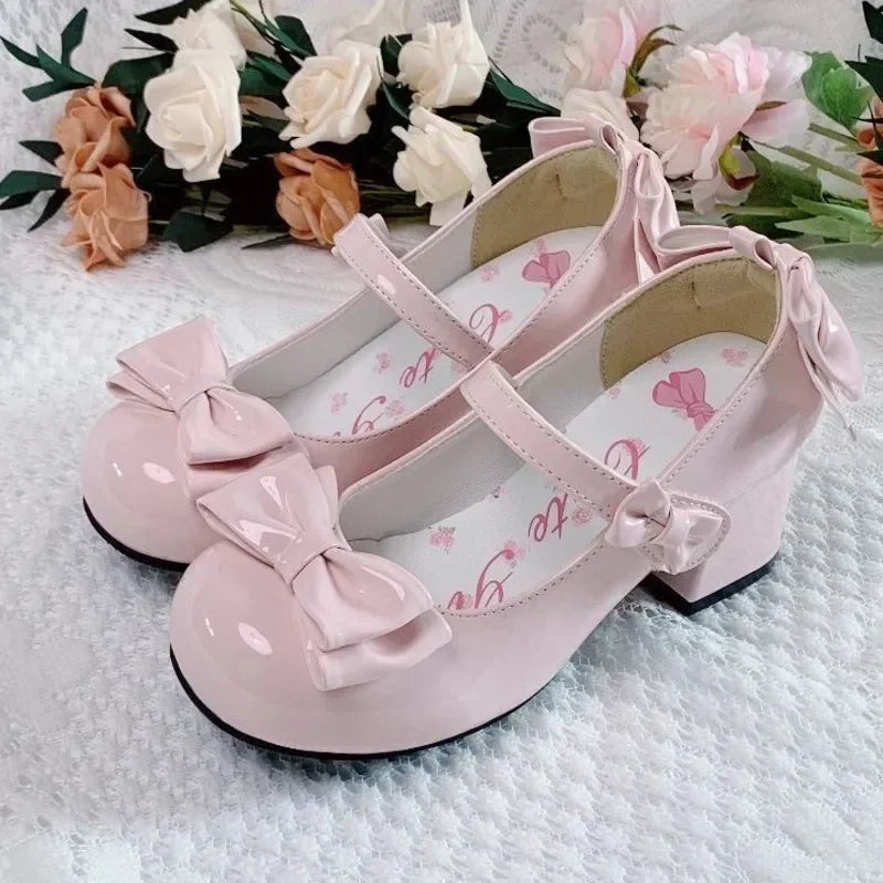 Manufacturer  Lolita Style Cute Round Head  Jane Pumps With Bow Women's Sweet Party Dress Midi Heels Shoes Fashion PU Sandals   Pumps