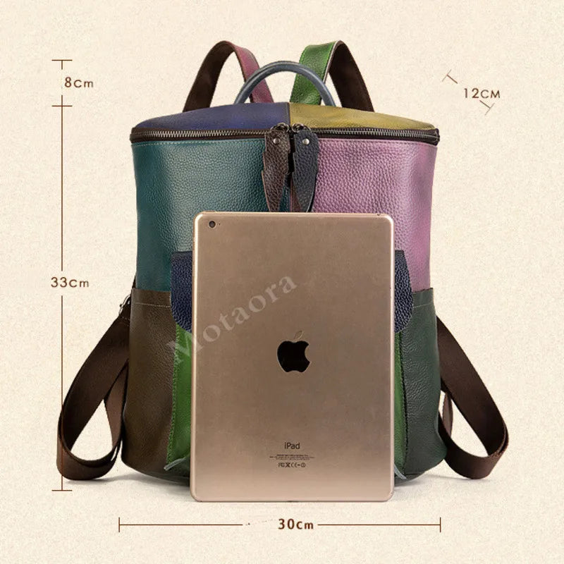 Soft Cowhide Student Backpack Colorblock Laptop Bag Large Capacity Girls School College Bookbag Trendy Durable Water-Resistant