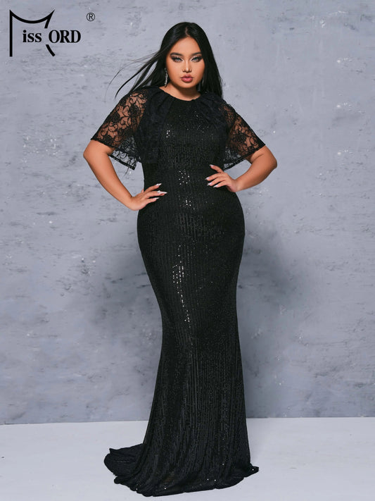 Missord Plus Size Black Round Necked Sequin Short Sleeved Mermaid Evening Formal Occasion Dress