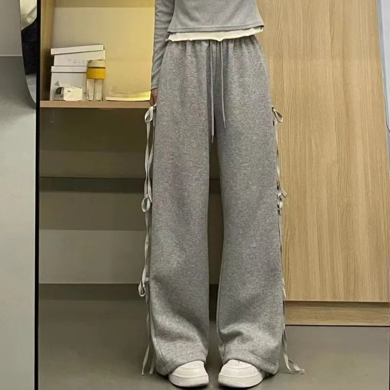 Y2K trend bow-tie casual women pants high street fashion loose solid color wide-leg pants fashion punk personality sport pant