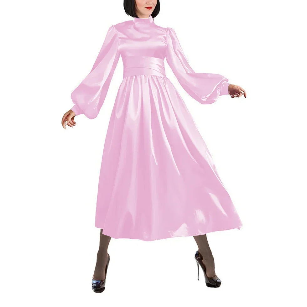 Plus Size Satin Evening Dress Elegant Drape High Neck Long Sleeve Dress Ladies Party Belted Long Gown Women A-Line Prom Dress