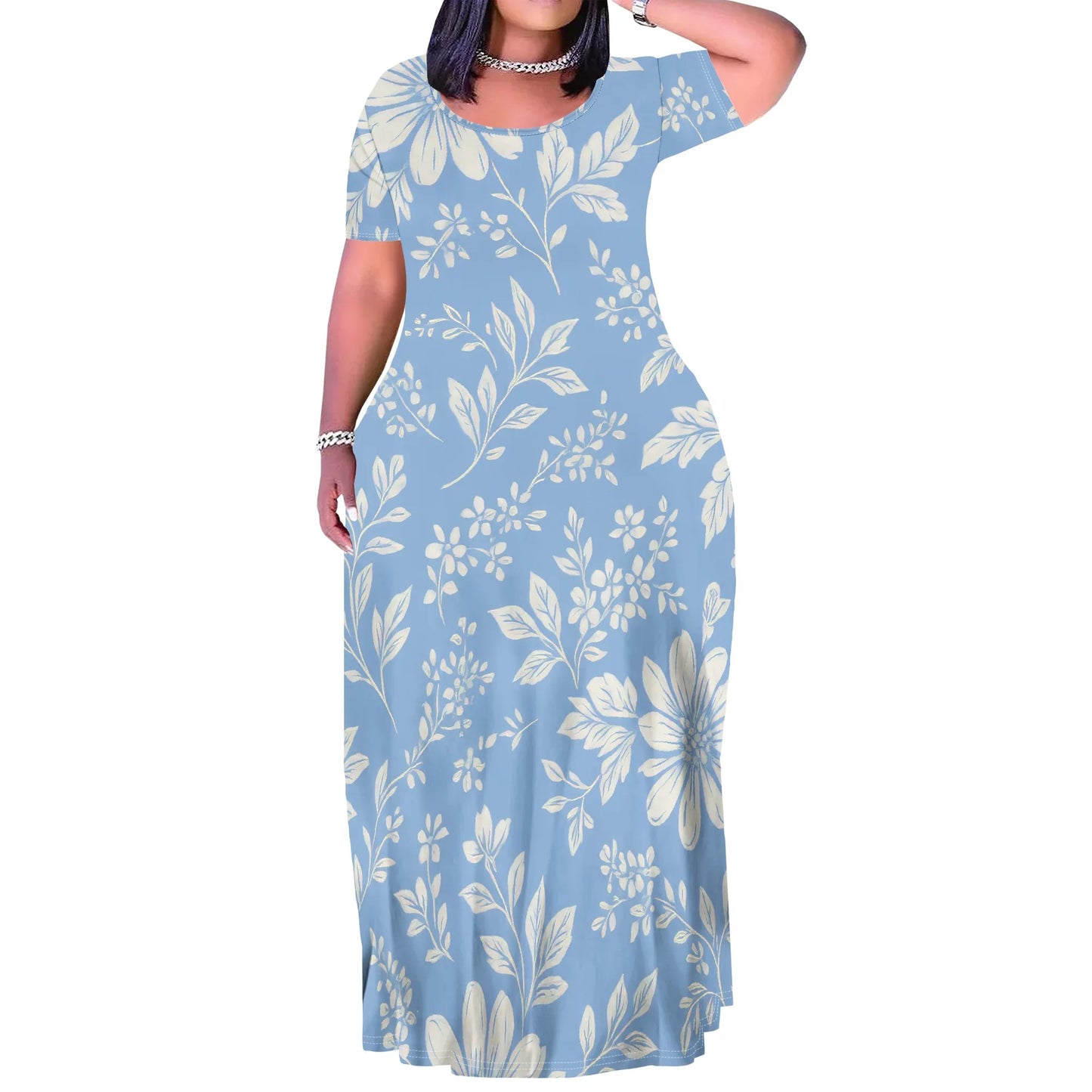 Summer Women's Casual Fashion Printed Boho Sleeveless Plus Size Loose Long Sexy Maxi Flutter Dress with Pockets