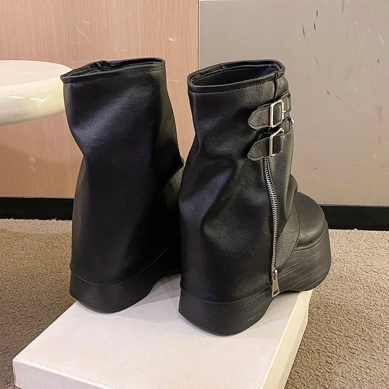 Manufacturer   Soft Leather Ankle Mid Calf Boots Winter Autumn High Platform Wedge British Booties Woman New Ladies Chunky Motorcycle Boots 9CM   boots