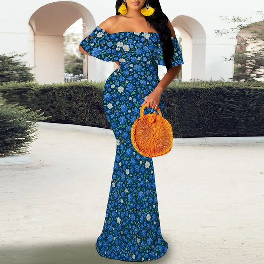 Women's Maxi Bodycon Off The Shoulder Dress Short Ruffle Sleeves Strapless Long Boho Dress Cocktail Party Wedding Dress