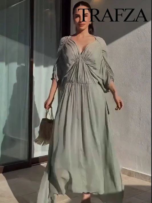 TRAFZA Women's Summer Fashion V-neck Pleated Decoration Short Sleeve Mid Dress Female Elegant Backless Solid Sexy Long Dress