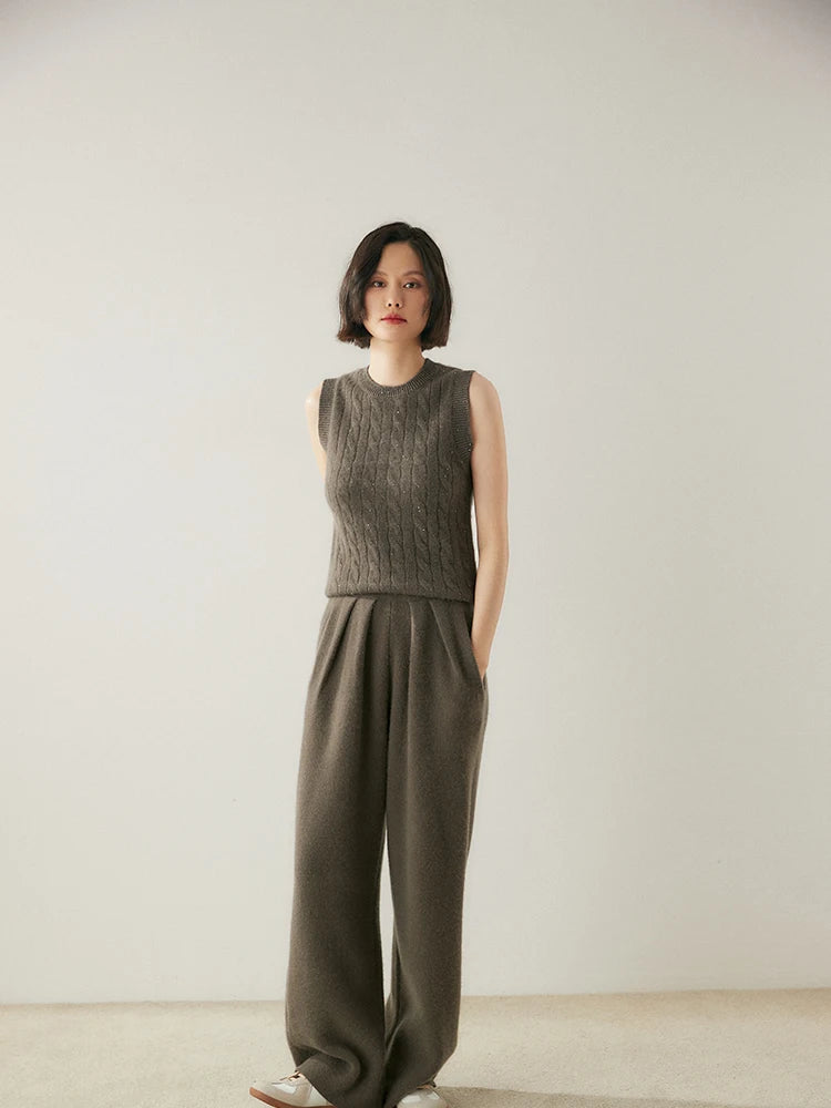 High Quality Women 100% Cashmere Pants Pleated Waist Wide Leg Pant Casual Simple Style Autumn Winter Cashmere Knit Trousers
