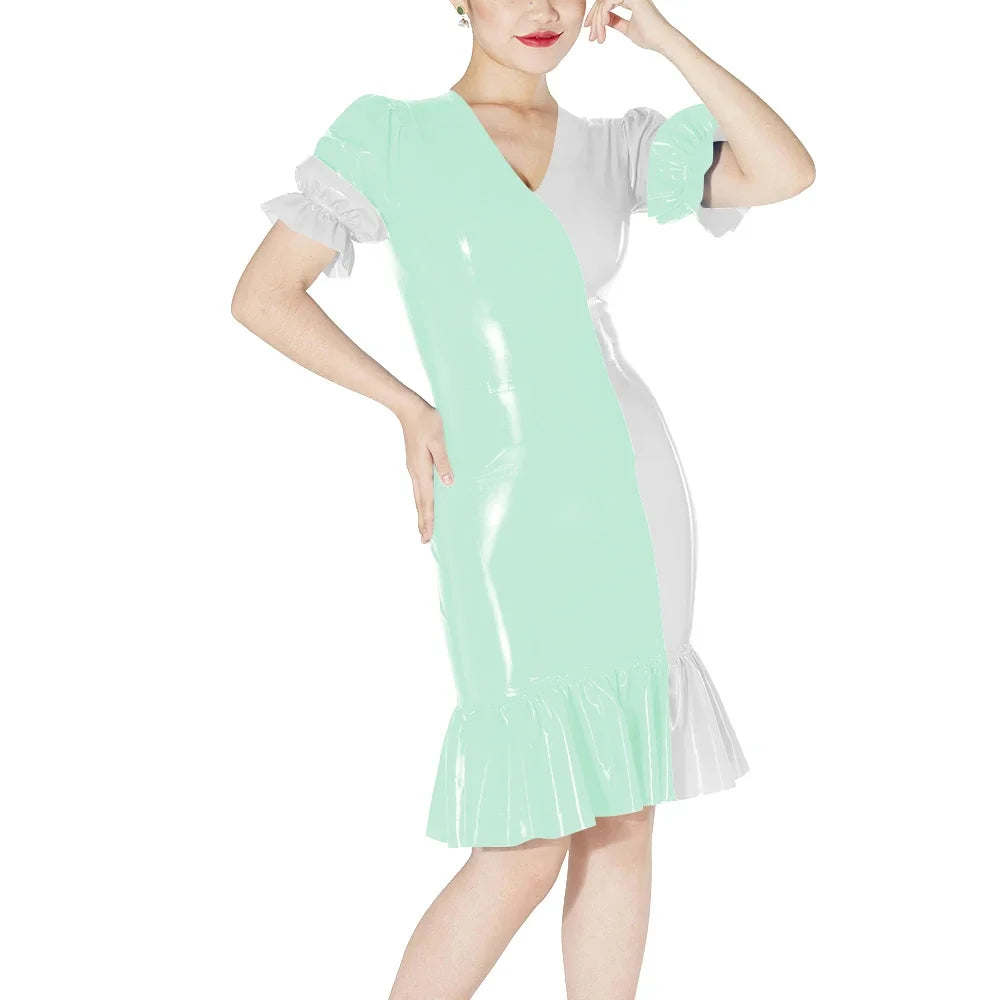 Plus Size Knee-length Patchwork Dress Glossy Faux Leather Party Bodycon Short Sleeve Dress Back Zipper Ruffles Hem Womens Dress