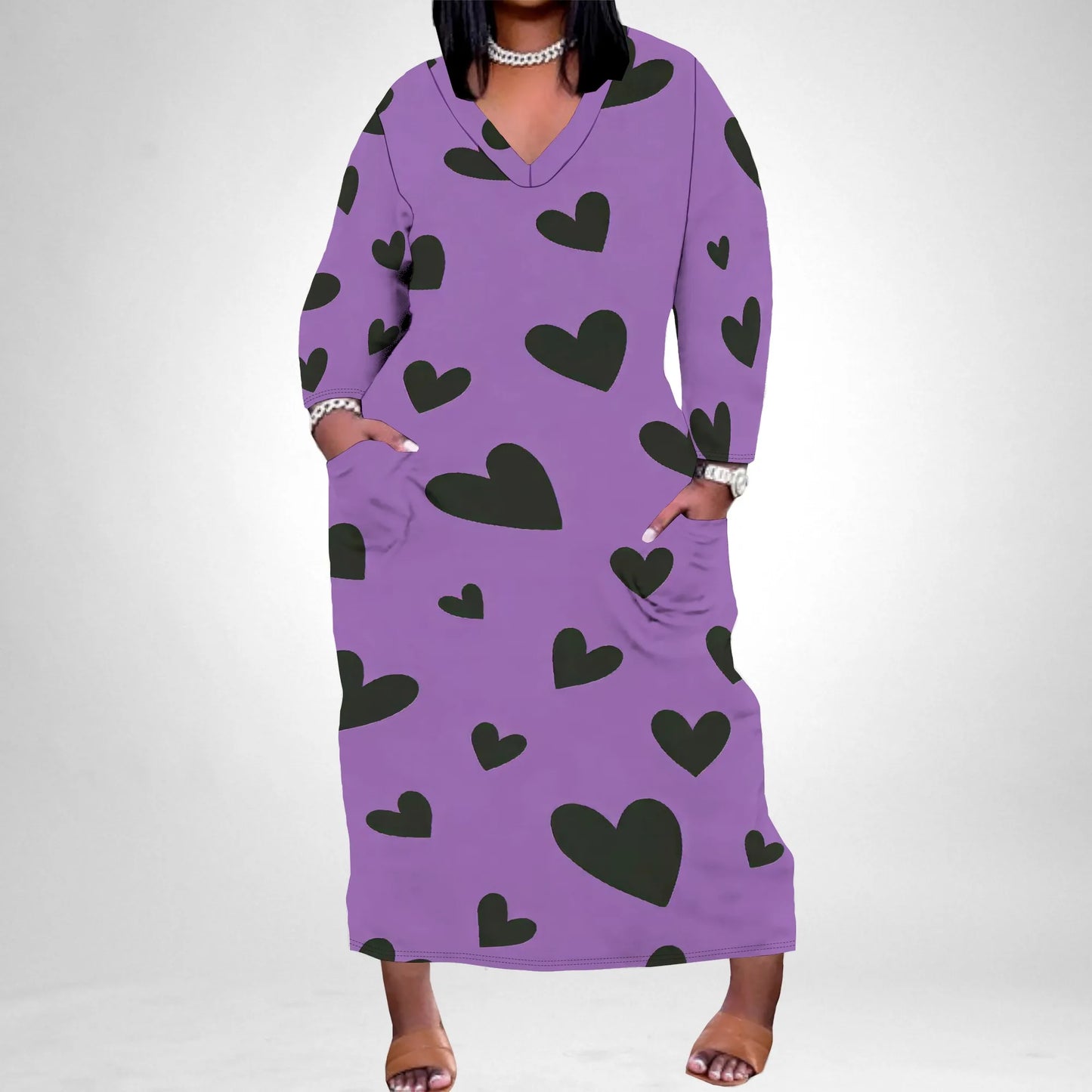 Women's Long Sleeve Plus Size Polka Dot Print Maxi Dress V Neck with Pockets Dress Loose Casual Autumn Outfit