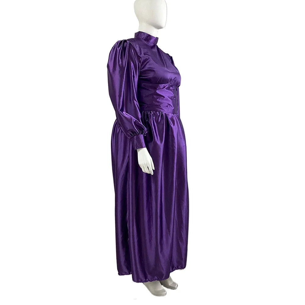 Plus Size Satin Evening Dress Elegant Drape High Neck Long Sleeve Dress Ladies Party Belted Long Gown Women A-Line Prom Dress