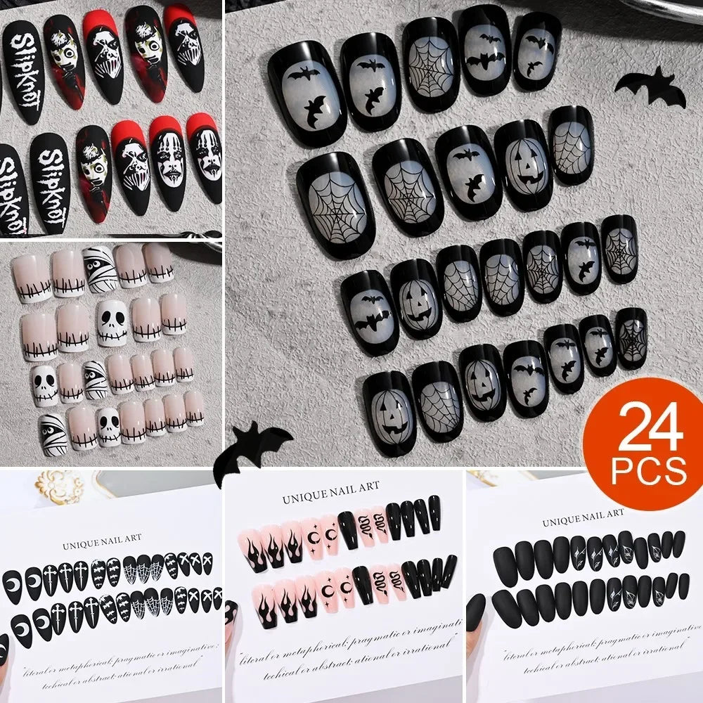 24Pcs Halloween Black Ghost Long Ballet False Nails Wearable French Ballerina Fake Nails Press On Full Cover Manicure Nail Tips