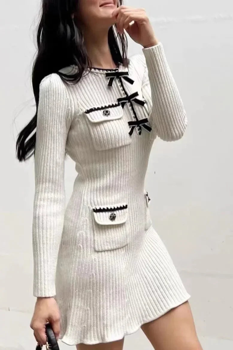 Elegant Lady Long Sleeve Knit Dress Vintage Four Pocket High Waist Slim Dresses Spring  Casual O-neck Bow Vestidos for Women