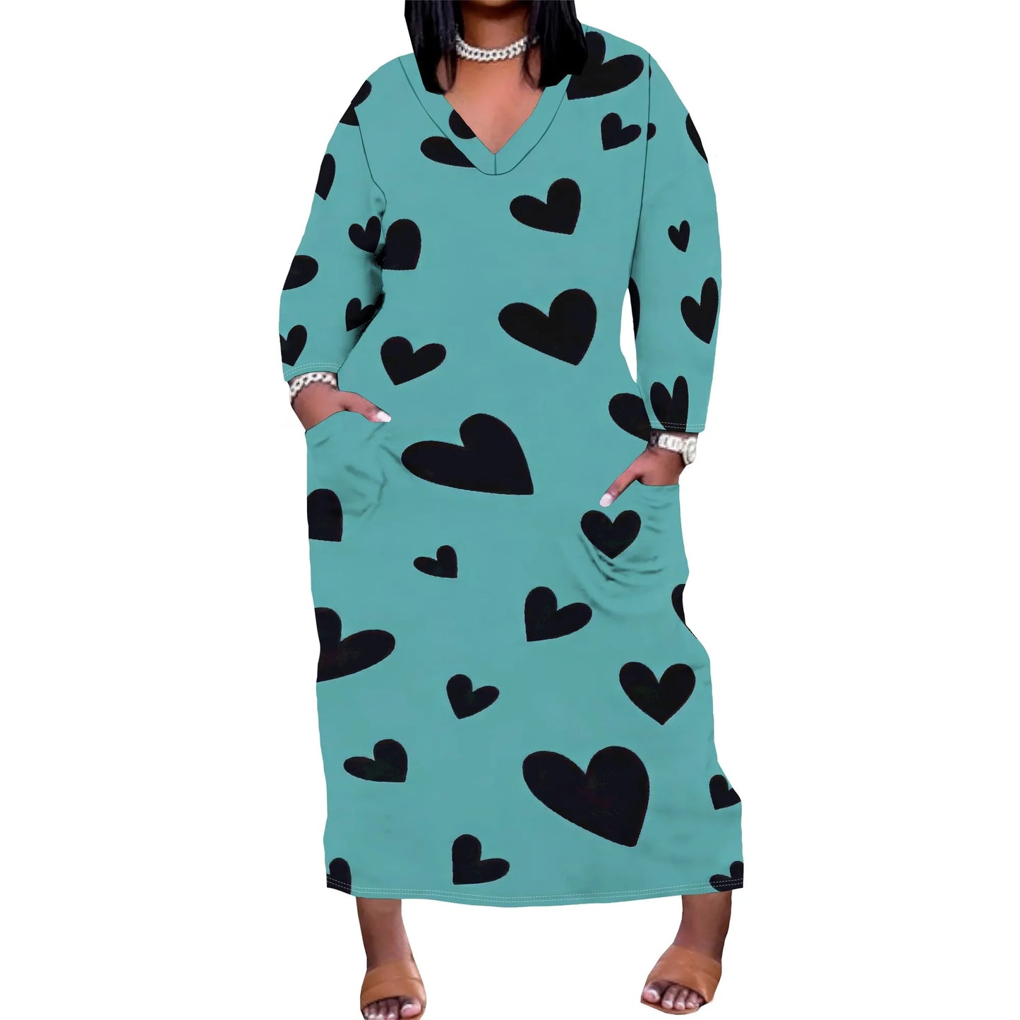 Women's Long Sleeve Plus Size Polka Dot Print Maxi Dress V Neck with Pockets Dress Loose Casual Autumn Outfit