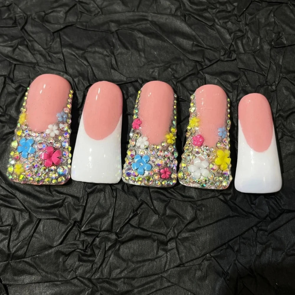 10 Pcs Handmade Manicure Medium Duck Fake Nails Cute French Nails Press On False Nails 3D Art Design with Adhesive Nail File Set