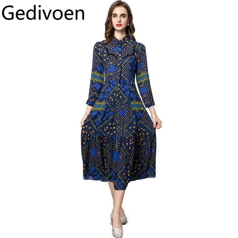 Gedivoen Fashion design Women's Summer Dress Turn-Down Collar Single-Breasted Chic Print Dresses With Long Sleeves