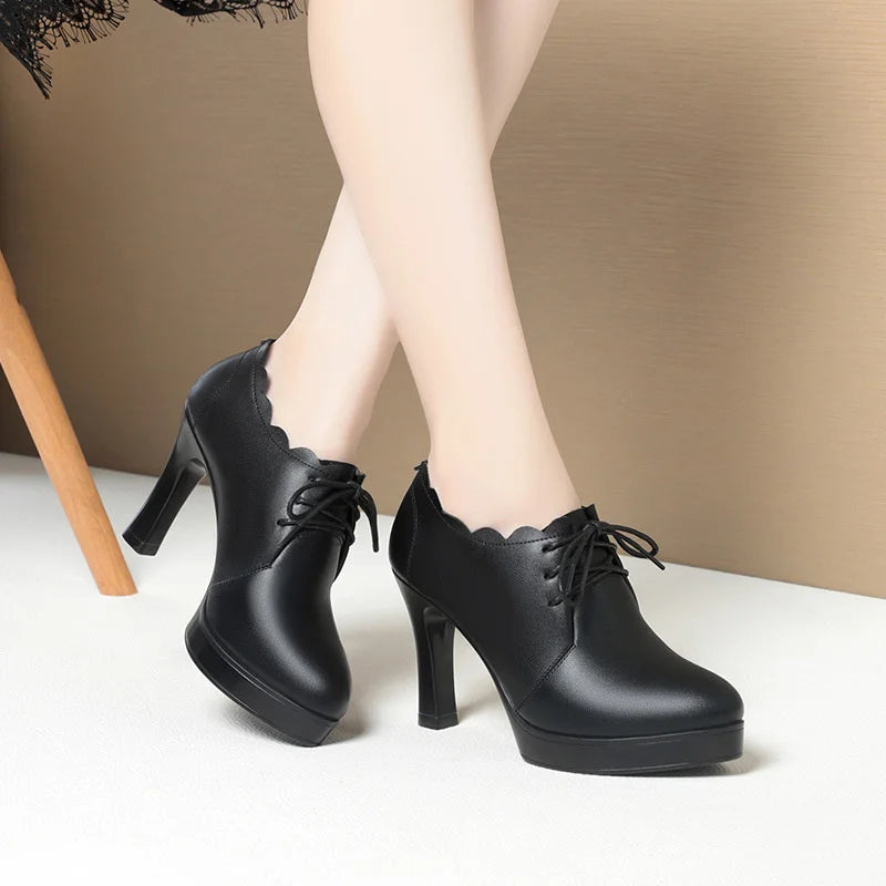 Manufacturer   Spring Autumn Soft Leather Soft Sole Versatile Fashion Comfortable High Heels Lace-Up Deep-Mouth Shoes Women's Leather Shoes   Pumps