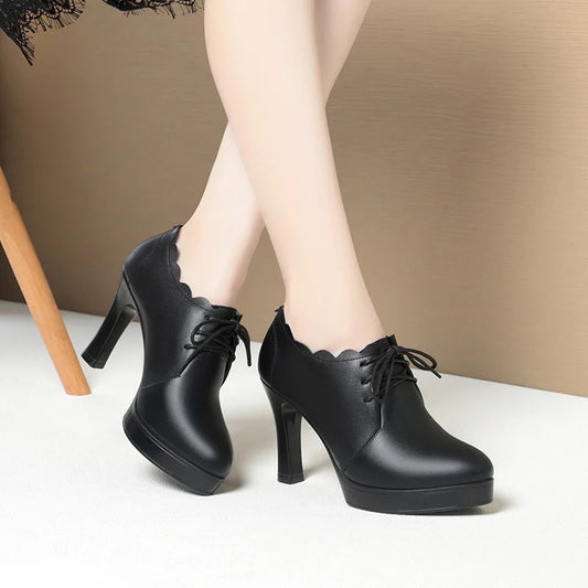 Manufacturer   Spring Autumn Soft Leather Soft Sole Versatile Fashion Comfortable High Heels Lace-Up Deep-Mouth Shoes Women's Leather Shoes   Pumps