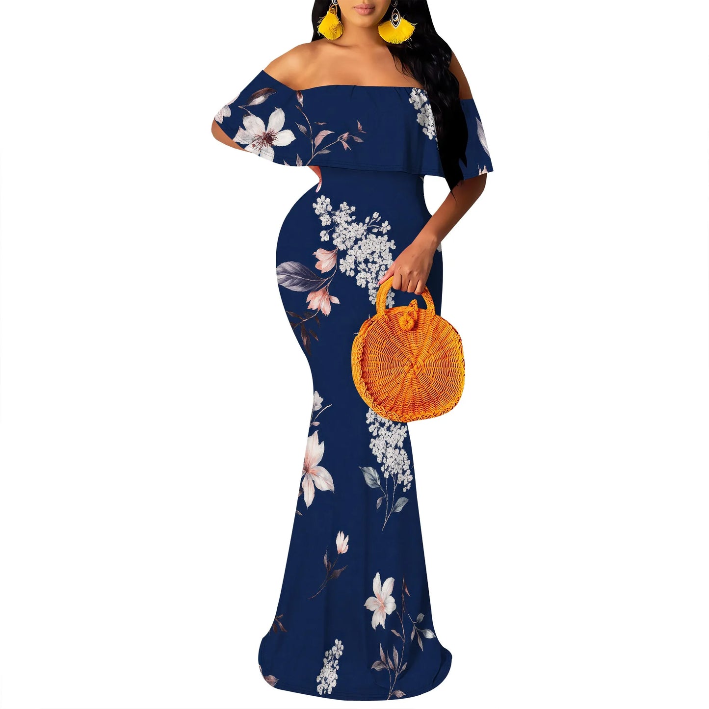 Women's Maxi Bodycon Off The Shoulder Dress Short Ruffle Sleeves Strapless Long Boho Dress Cocktail Party Wedding Dress