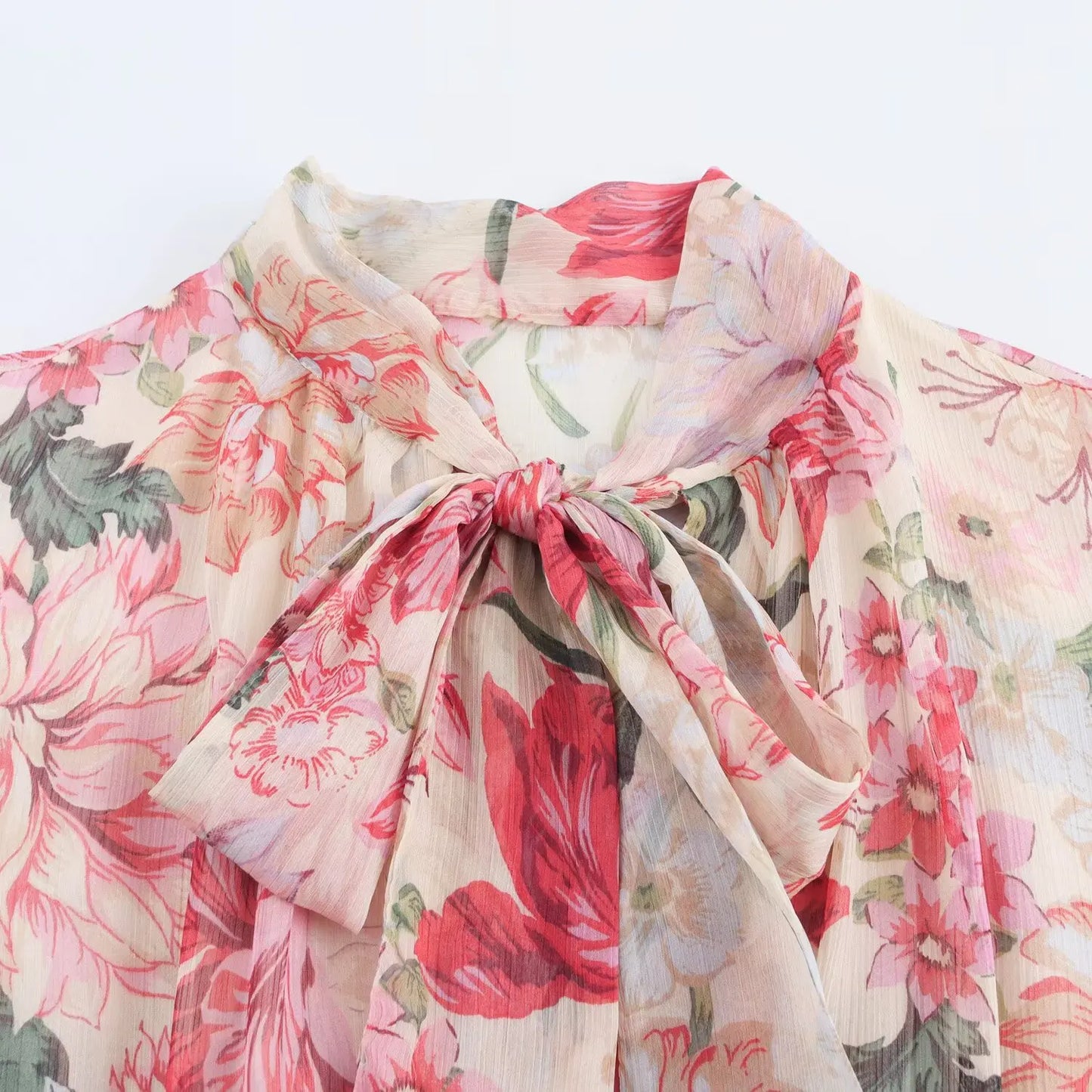New Women's Long Sleeve Dress with Neck Tie Design Belted Waist and All - over Floral Pattern for Casual Wear