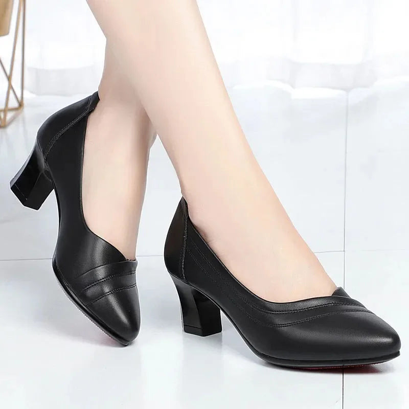 Manufacturer   Women Cute Sweet Round Toe Black Pu Leather Spring Slip on Square Heel Shoes Zapatos De Mujer Lady Plus Size Office Pumps B37   Pumps