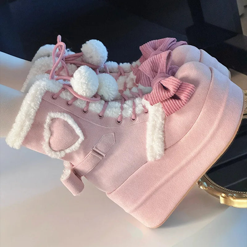 Manufacturer   Sweet Winter Girls Lolita Mid-Calf Snow Boots,Cute Female Students Plush Warm Bowknots Lace Up Wedge Heel Heightening Shoes   boots