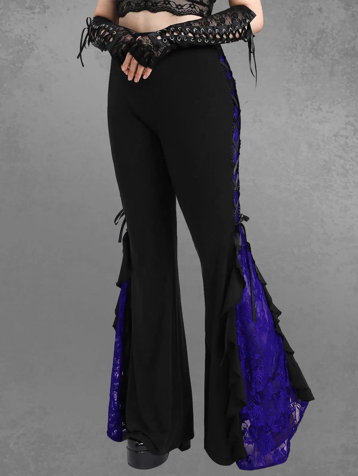 ROSEGAL Plus Size Gothic Lace Panel Lace-up Ruffle Flare Pant Women Streetwear Elastic Waist Pull On Pant Colorblock Bell Bottom
