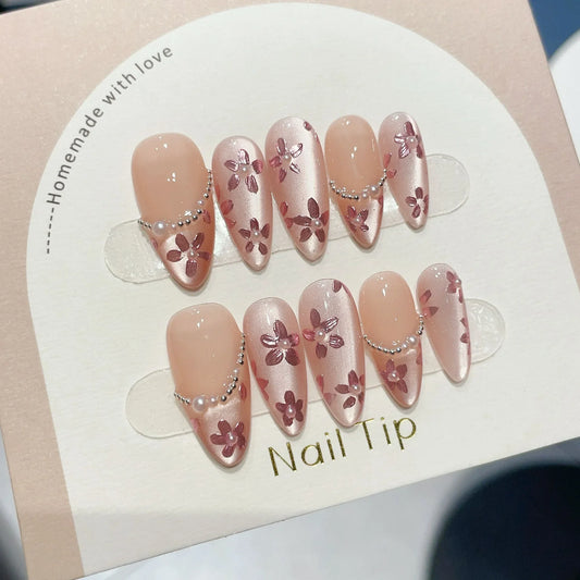 10Pcs Handmade Almond Press On Nails Flash Gradient Wear Pink Flower Design French False Nails Wearable Manicure Nail Tips