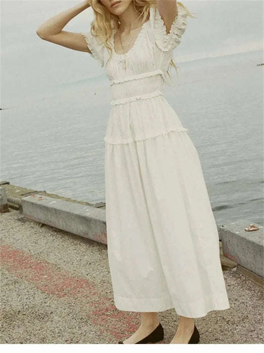 Summer Women Short Sleeve Midi Dress Puff Sleeve Ladies Ruffles Trim Holiday Elegant Pleated Long Robe
