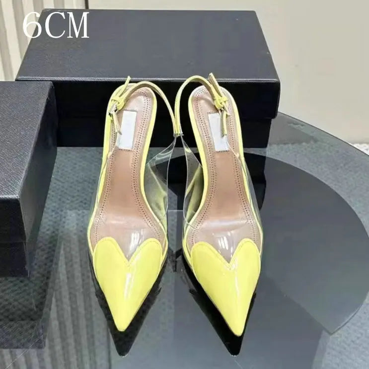 Manufacturer  New Pointy Peach Heart Fine Heel Shoes Sexy Pvc Transparent Film Black Patent Leather High Heel Overhead Sandals   Pumps