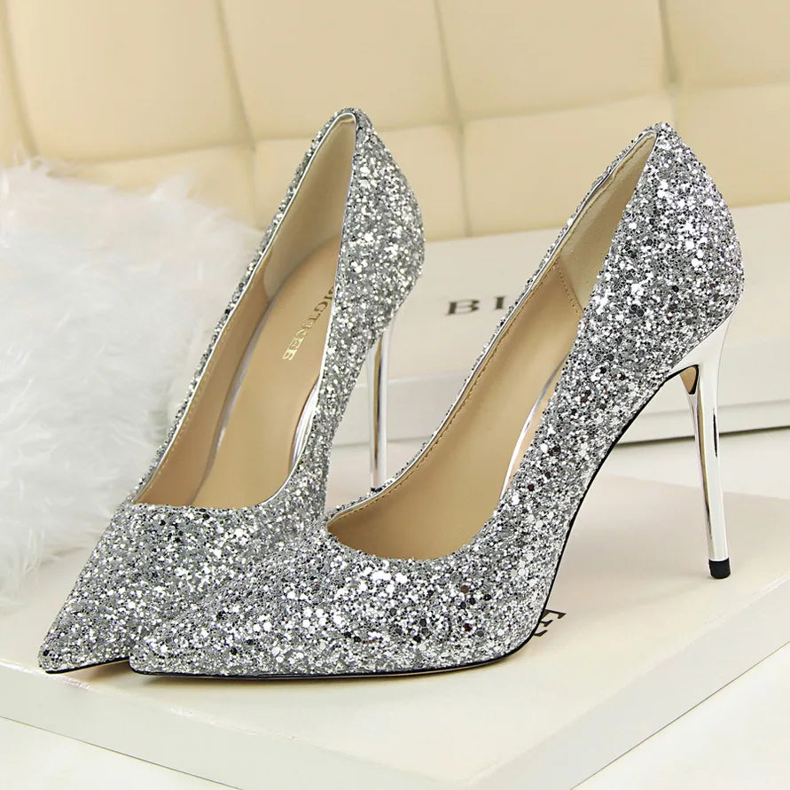 Manufacturer   Women 7cm 9.5cm High Heels Pumps Wedding Bridal Scarpins Sparkly Mid Heels Lady Party Sequins Glitter Evening Gold Silver Shoes   Pumps