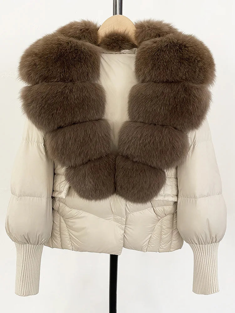 ZMEENNA Women's Black Puffer Down Jacket With Large Real Fur Collar Short Warm Winter Coat Knit Cuffs Elegant Outerwear