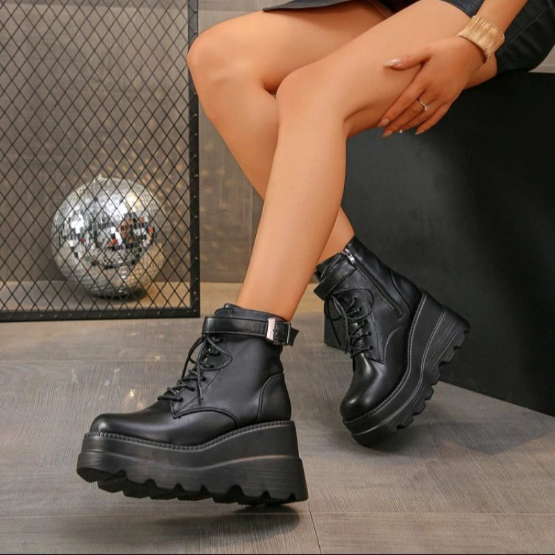 Manufacturer   NEW Punk Style Women Shoes Lace-up heel height 9CM Platform Shoes Woman Gothic Ankle Rock Boots Metal Decor Woman Sneakers   boots