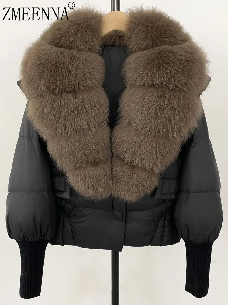 ZMEENNA Women's Black Puffer Down Jacket With Large Real Fur Collar Short Warm Winter Coat Knit Cuffs Elegant Outerwear