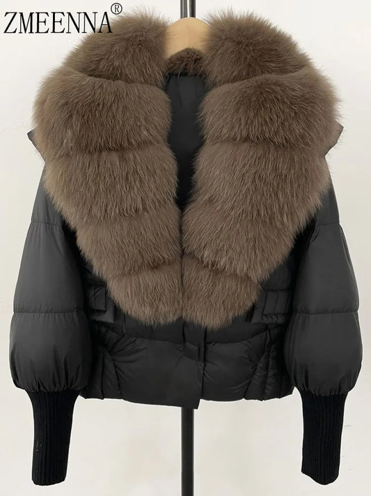 ZMEENNA Women's Black Puffer Down Jacket With Large Real Fur Collar Short Warm Winter Coat Knit Cuffs Elegant Outerwear