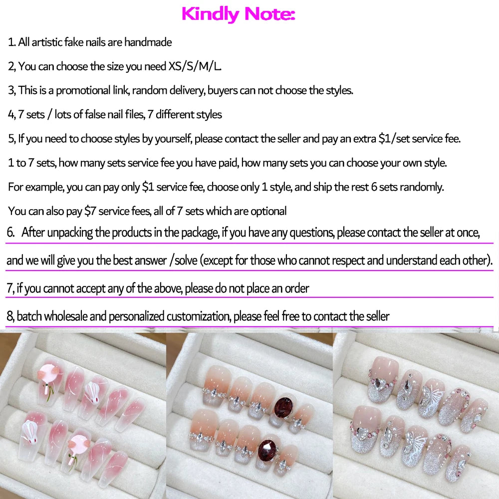 7 Set/Lot Handmade False Nails Random Delivery ,press on nails detachable for women's girl's daily use Bulk Wholesale Fake Nails