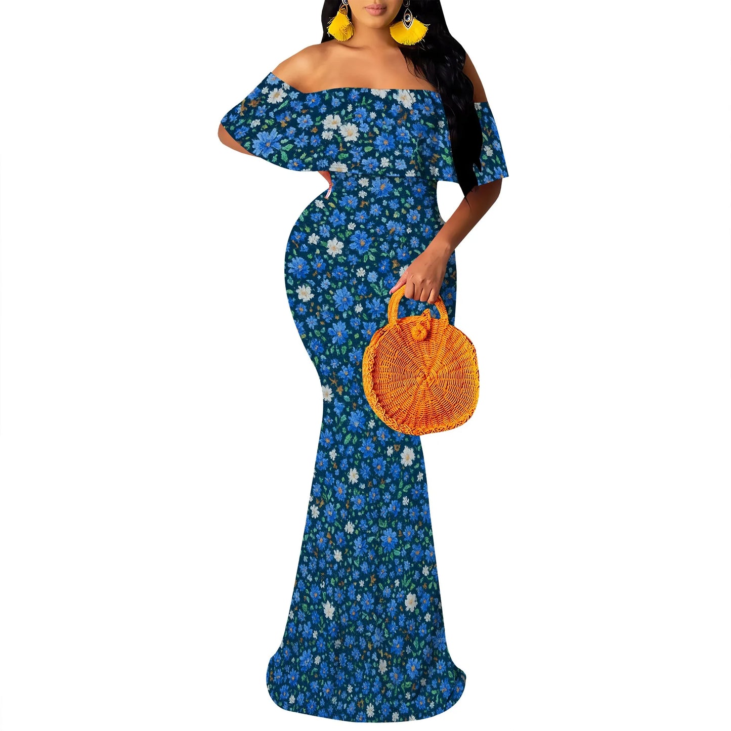 Women's Maxi Bodycon Off The Shoulder Dress Short Ruffle Sleeves Strapless Long Boho Dress Cocktail Party Wedding Dress