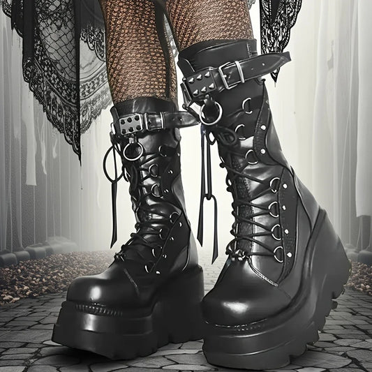 Manufacturer   Brand New Ladies Goth Platform Boots Fashion Rivet Buckle Punk Wedges High Heels women's Boots Party Street Cosplay Woman Shoes   boots