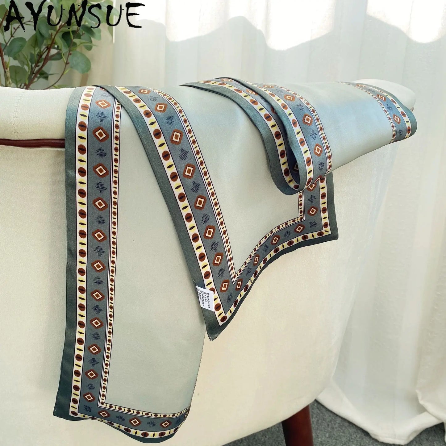 AYUNSUE, 100%Pure Slik Elegant Kerchief, 150cm Retro Printing, Mom Gift Commute Versatile Scarf,  Summer Autumn A465130QC