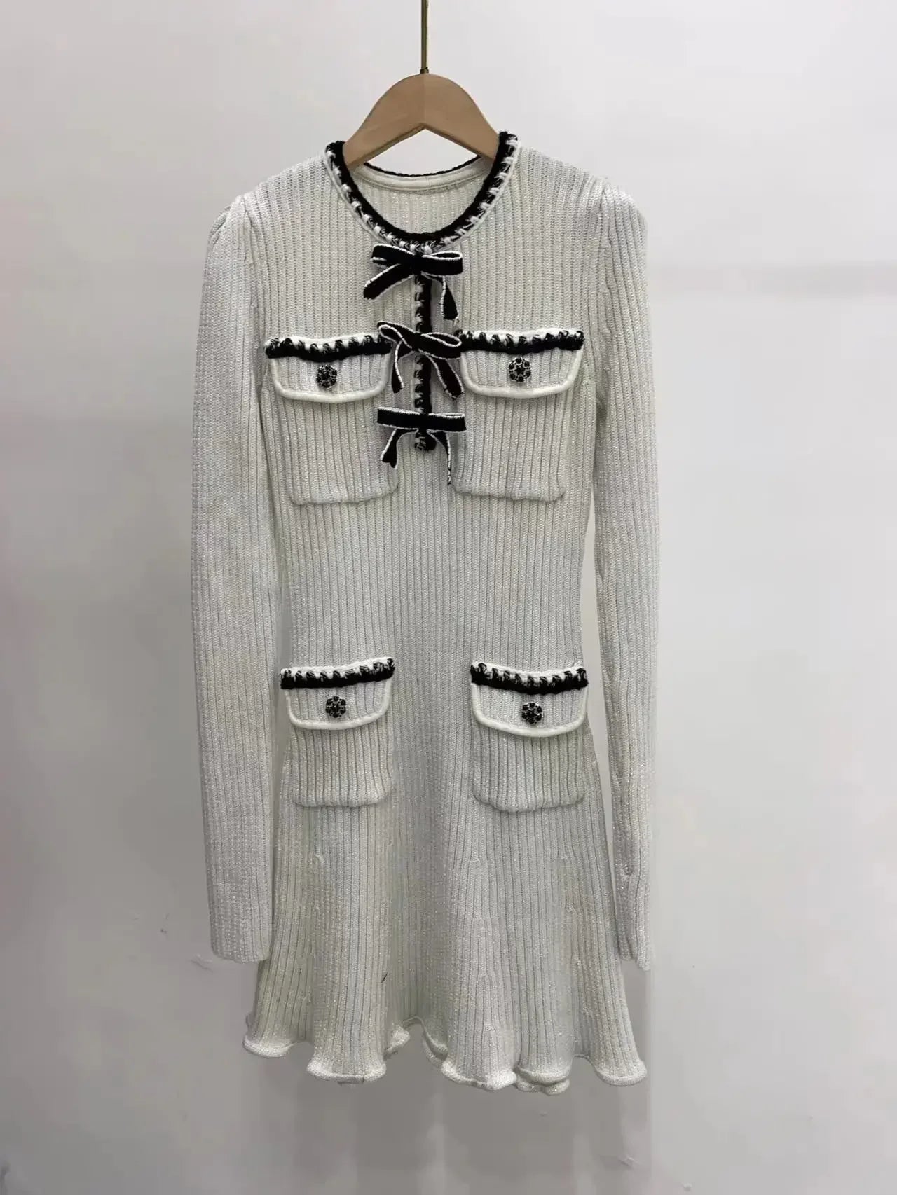 Elegant Lady Long Sleeve Knit Dress Vintage Four Pocket High Waist Slim Dresses Spring  Casual O-neck Bow Vestidos for Women