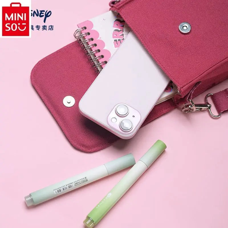 MINISO Disney Strawberry Bear Winnie Bear Printed Crossbody Bag for Women High Quality Canvas Multi functional Storage Phone Bag