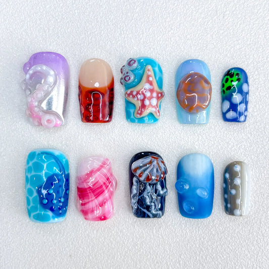 3D Handmade Trapezoidal Fake Nail Manicure Marine Series Octopus Starfish Inlaid Press on Nails Mandarin Duck Personalized Style