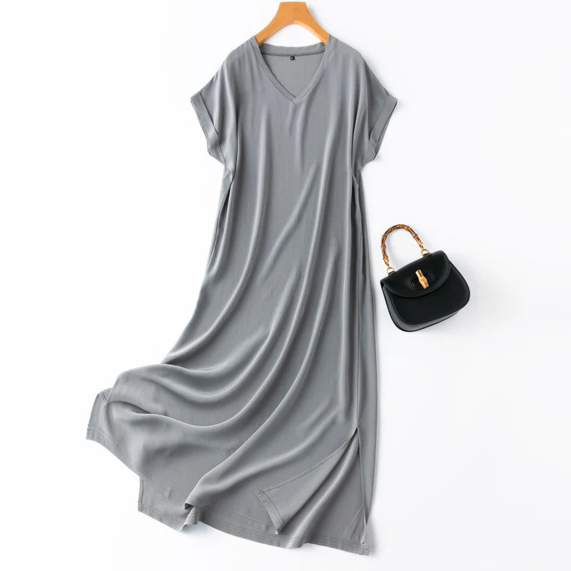 Women 100% Mulberry Silk 19 momme Thick Crepe Silk Midi Dress V neck Short Sleeve Side Slit Long Dress