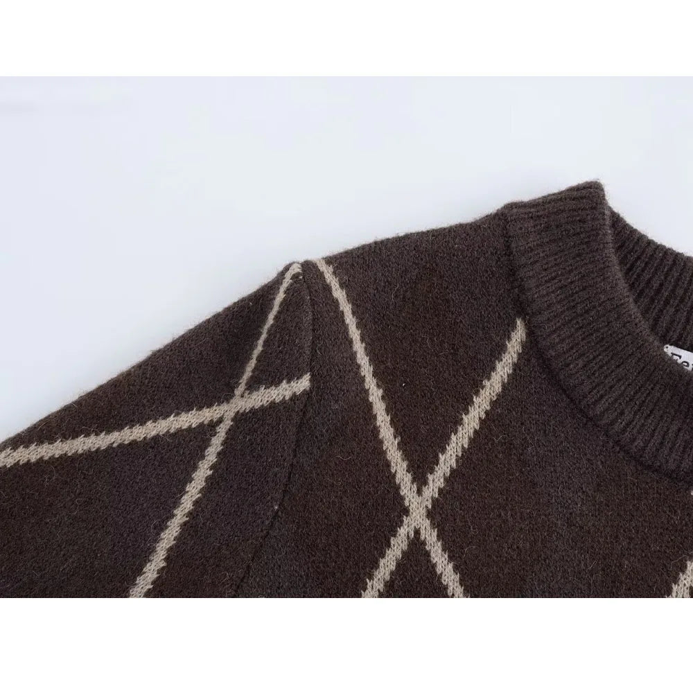 Spring Diamond stripe design lapel Pocket design Casual Chic Cashmere Sweater Winter Comfort knitwear Female Long Sleeve