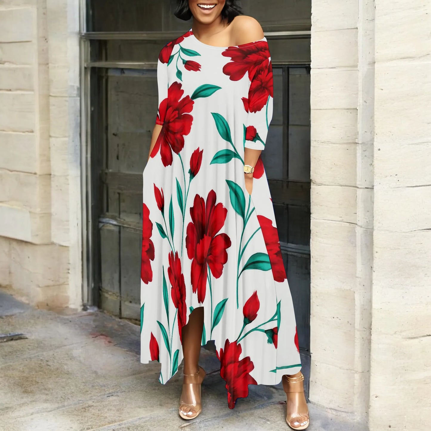 Women One Shoulder Sleeve Printed Dress High Waist Split Party Cocktail Long Dress