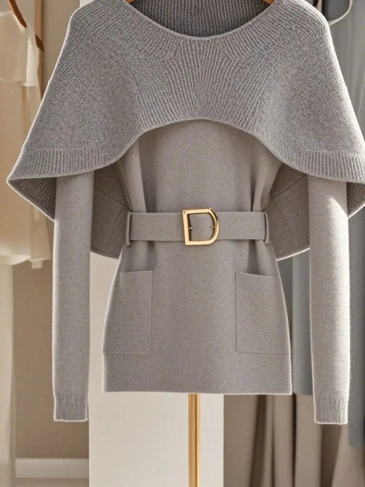Retro Soft Knitted Sweater For Women Autumn Winter Gray Cape Sweater Elegant Commuting Pullover Top Loose Casual Outerwear