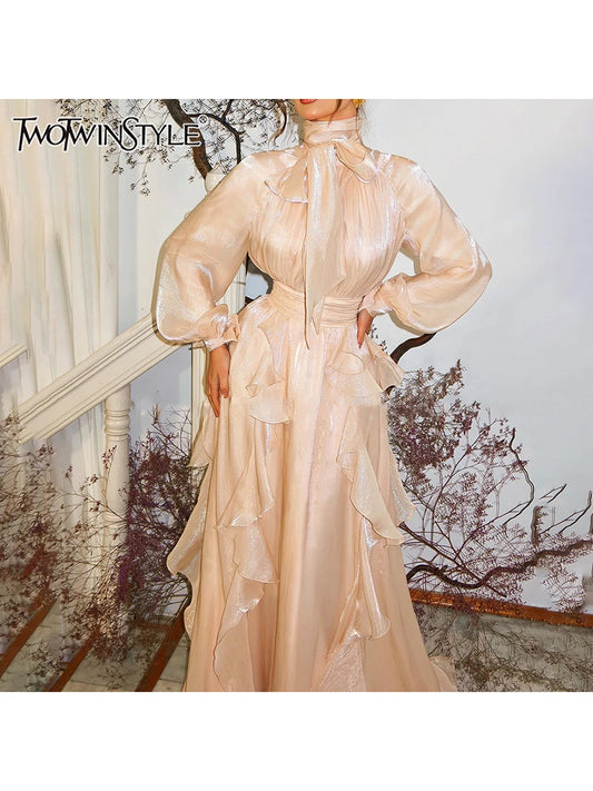 TWOTWINSTYLE Slimming Spliced Lace Up Elegant Dresses For Women Round Neck Long Sleeves High Wasit Patchwork Folds Dress Female