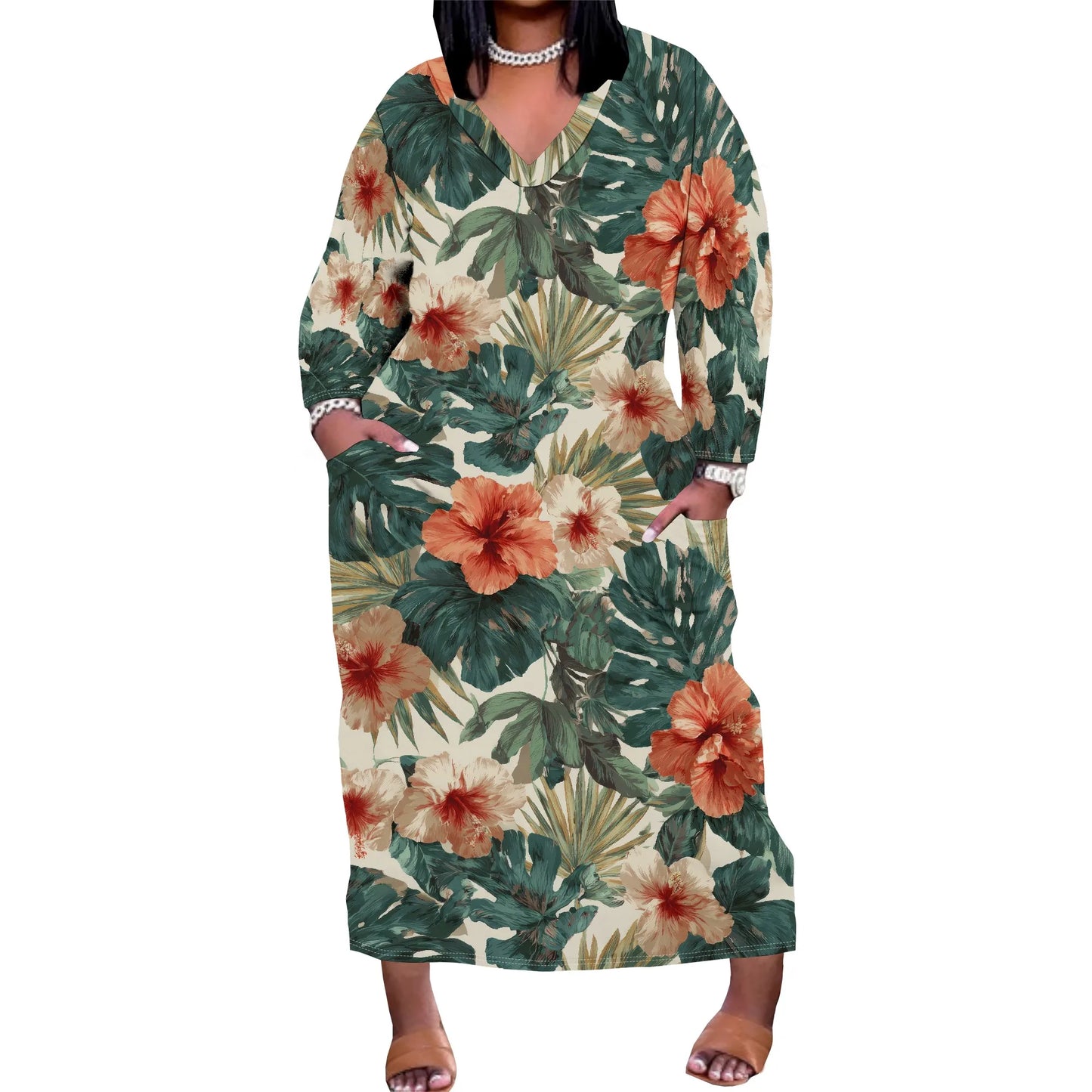 Oversized Baggy Summer Womens Print Dresses Sexy Casual T-Shirt V Neck Long Sleeve Maxi Dress with Pocket