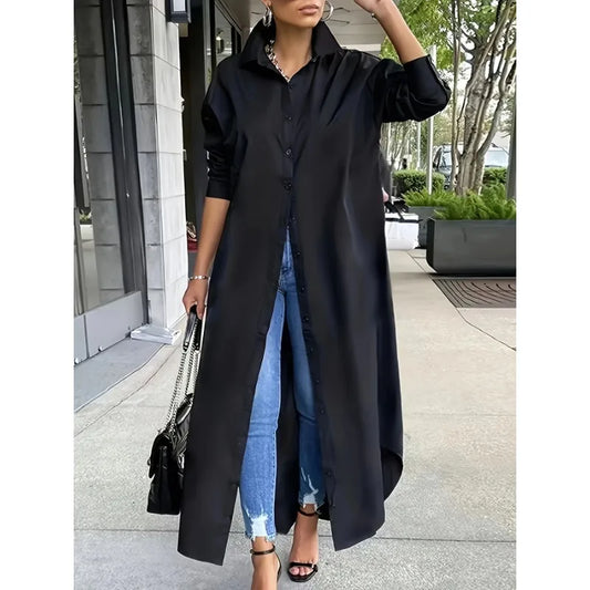 Plus Size Women's New Autumn Fashion Solid Color Lapel Button Casual Comfortable Versatile Long Shirt t-shirts