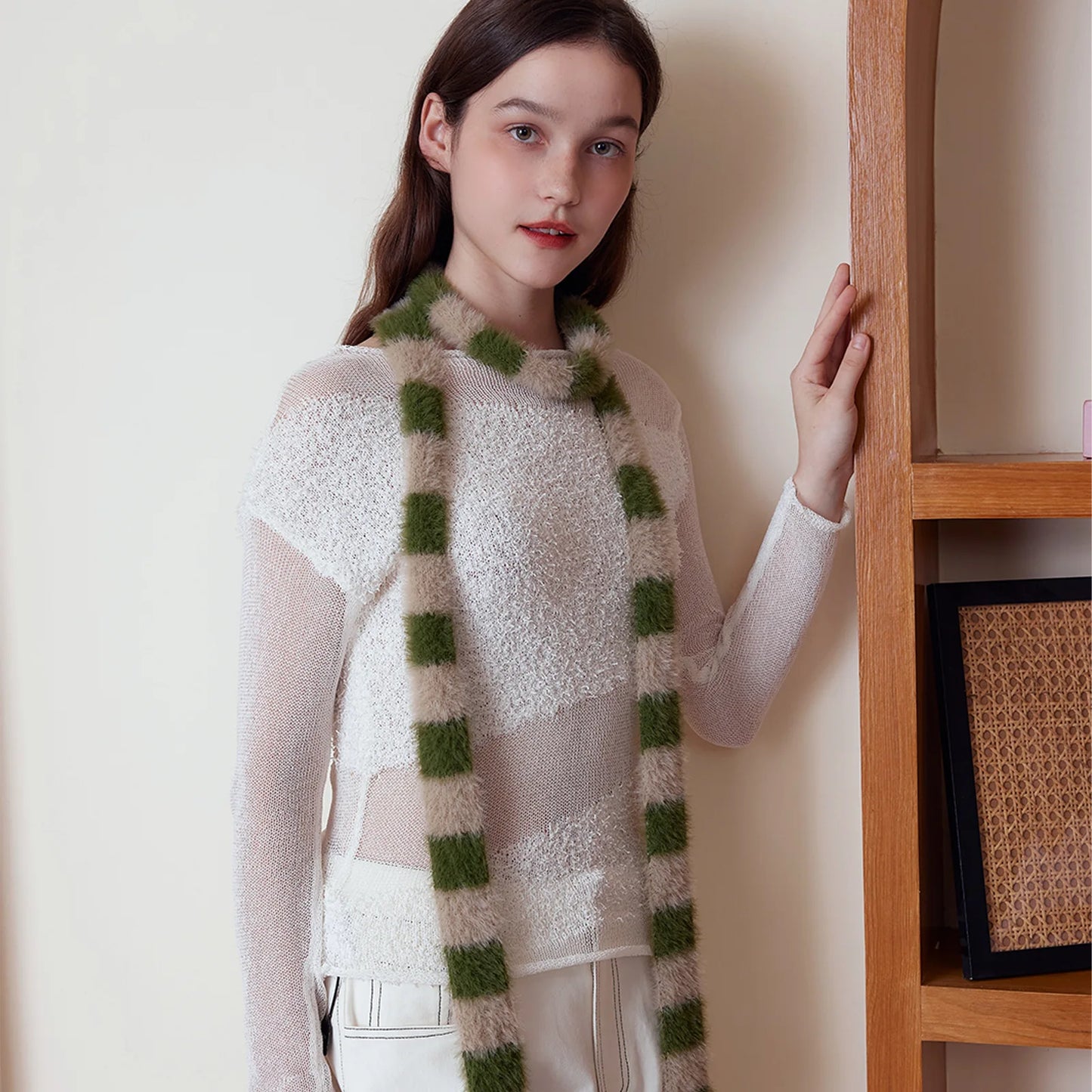 4.5cm*195cm Small Narrow Striped Scarf Y2K Style Women Knit Long Fluffy Scarf Black white Stripes